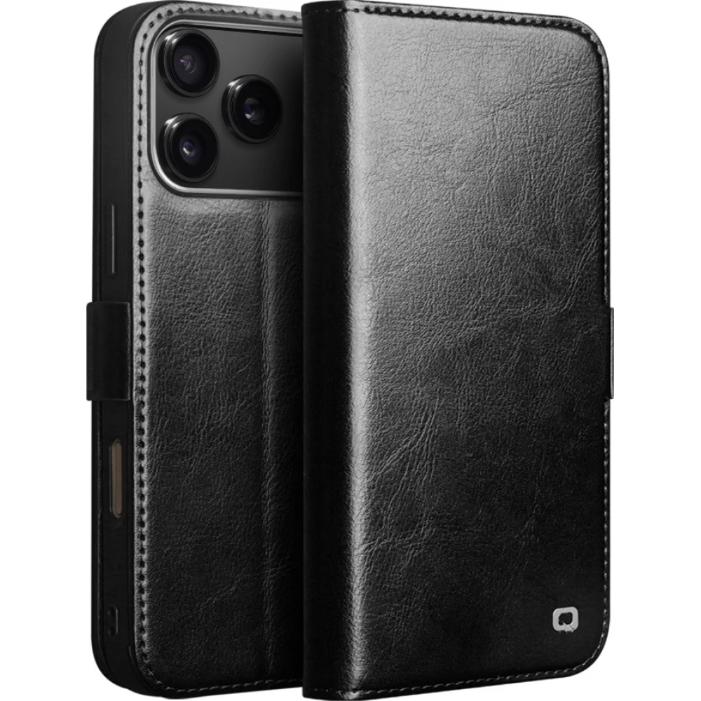 Fourre iPhone 17 Pro - Flip Qialino cuir véritable avec fermeture magnétique - Noir