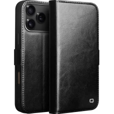 Fourre iPhone 17 Pro - Flip Qialino cuir véritable avec fermeture magnétique - Noir
