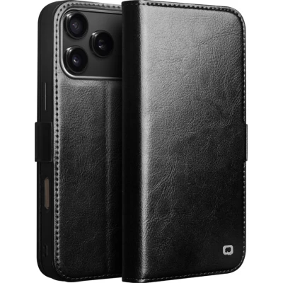 iPhone 17 Pro Case Hülle - Flip Qialino Echtleder mit magnetischem Verschluss - Schwarz