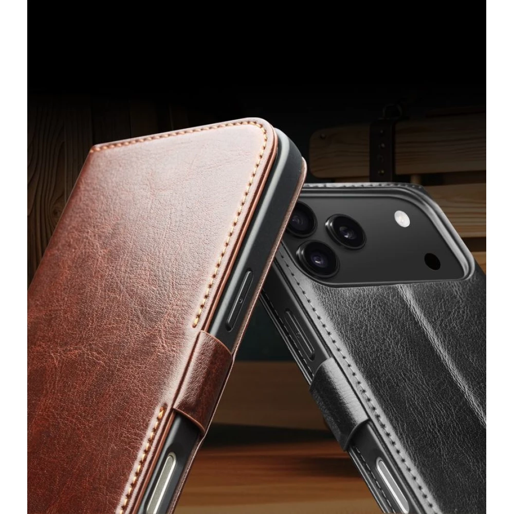 Fourre iPhone 17 Pro - Flip Qialino cuir véritable avec fermeture magnétique - Noir