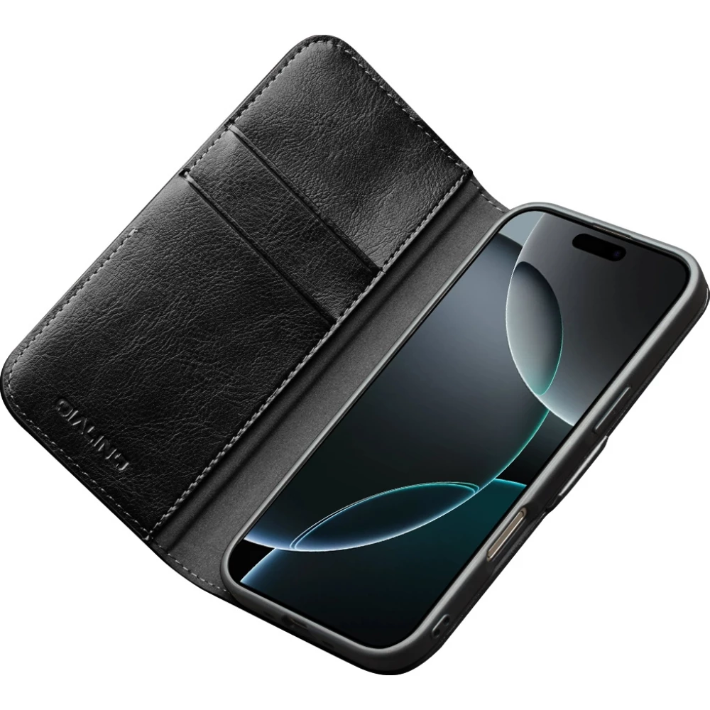 Fourre iPhone 17 Pro - Flip Qialino cuir véritable avec fermeture magnétique - Noir