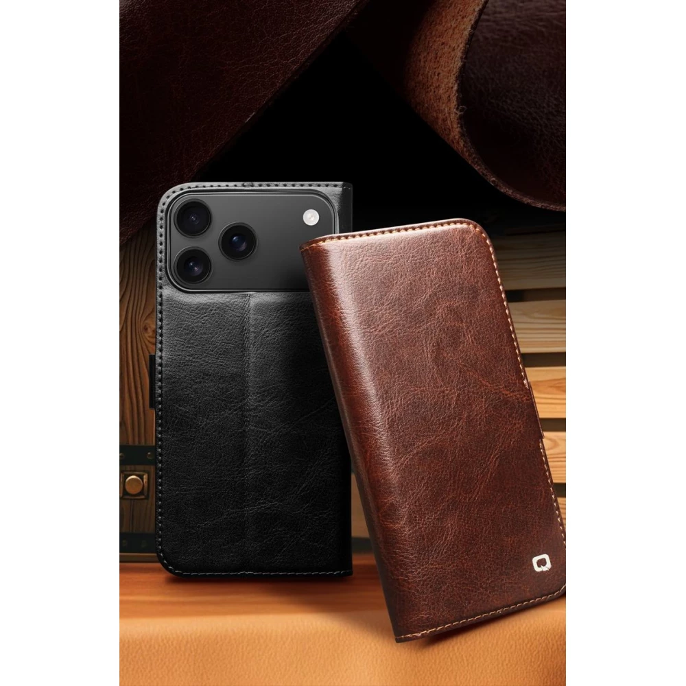 Fourre iPhone 17 Pro - Flip Qialino cuir véritable avec fermeture magnétique - Noir