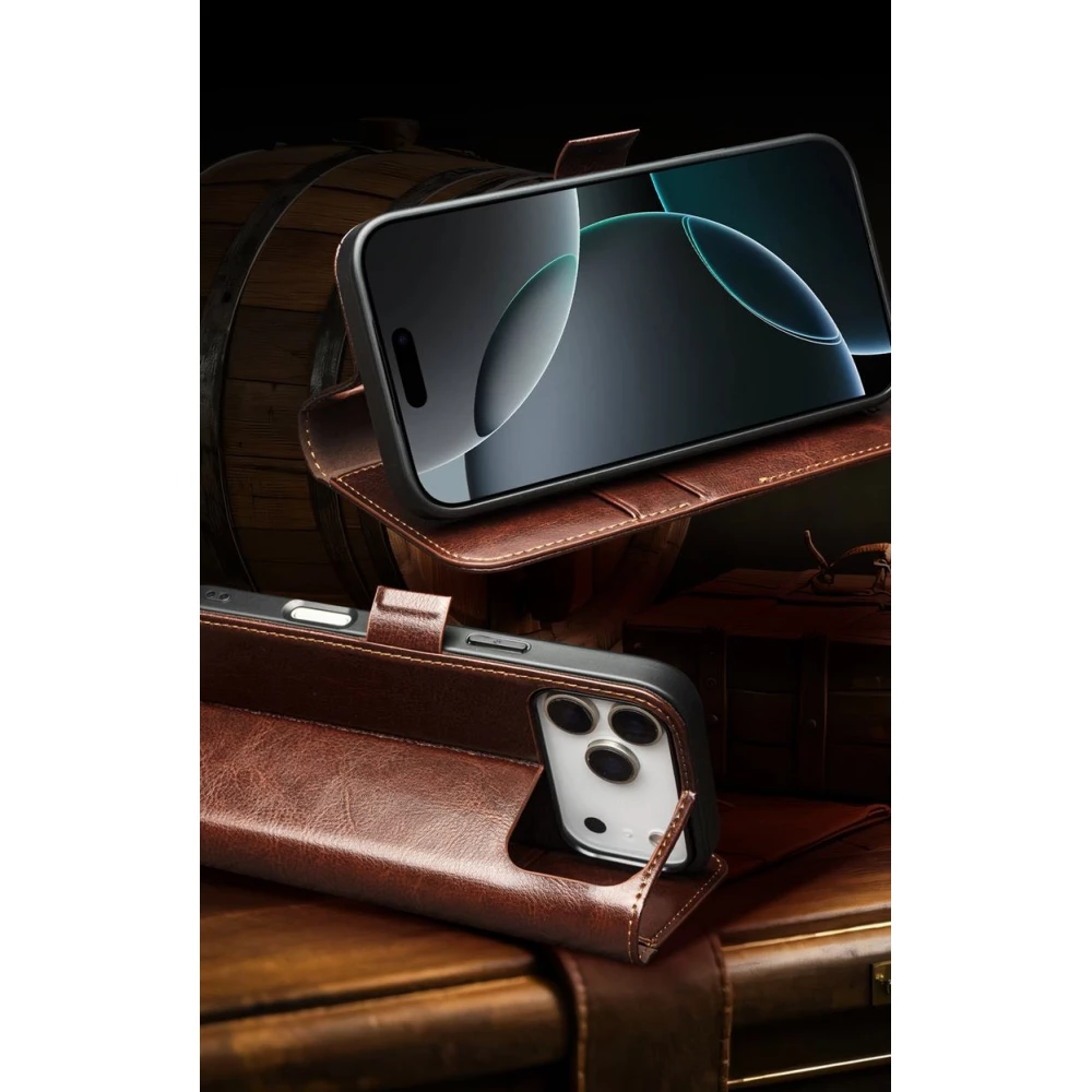 Fourre iPhone 17 Pro - Flip Qialino cuir véritable avec fermeture magnétique - Noir