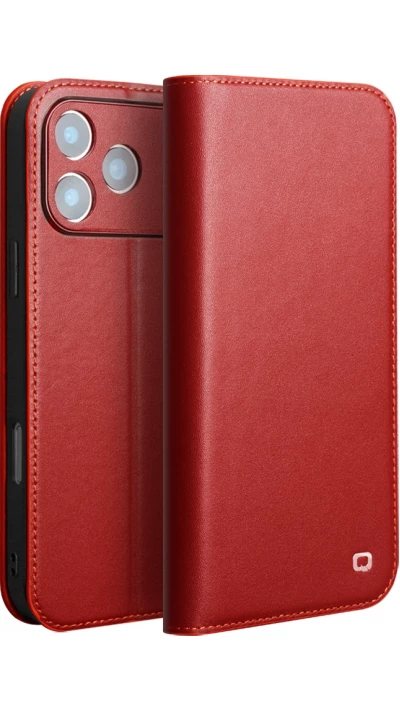 Fourre iPhone 17 Pro - Flip Qialino Matt Wallet cuir véritable - Rouge