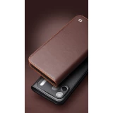 Fourre iPhone 17 Pro Max - Flip Qialino Matt Wallet cuir véritable - Brun foncé mat
