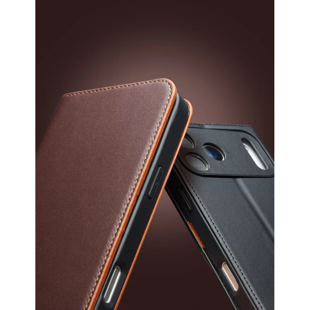 Fourre iPhone 17 Pro Max - Flip Qialino Matt Wallet cuir véritable - Brun foncé mat