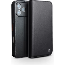 Fourre iPhone 17 Pro Max - Flip Qialino Matt Wallet cuir véritable - Noir