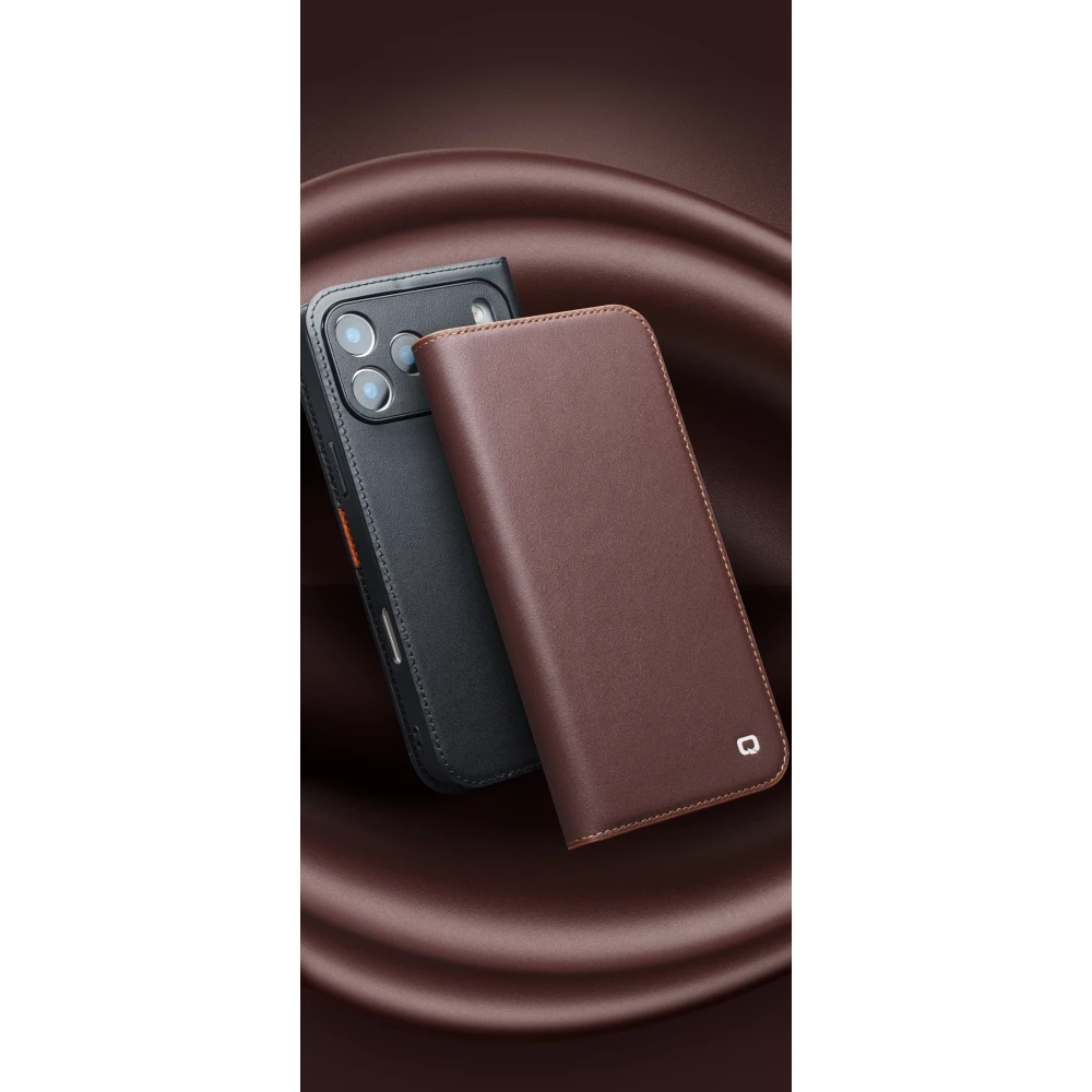 Fourre iPhone 17 Pro Max - Flip Qialino Matt Wallet cuir véritable - Noir