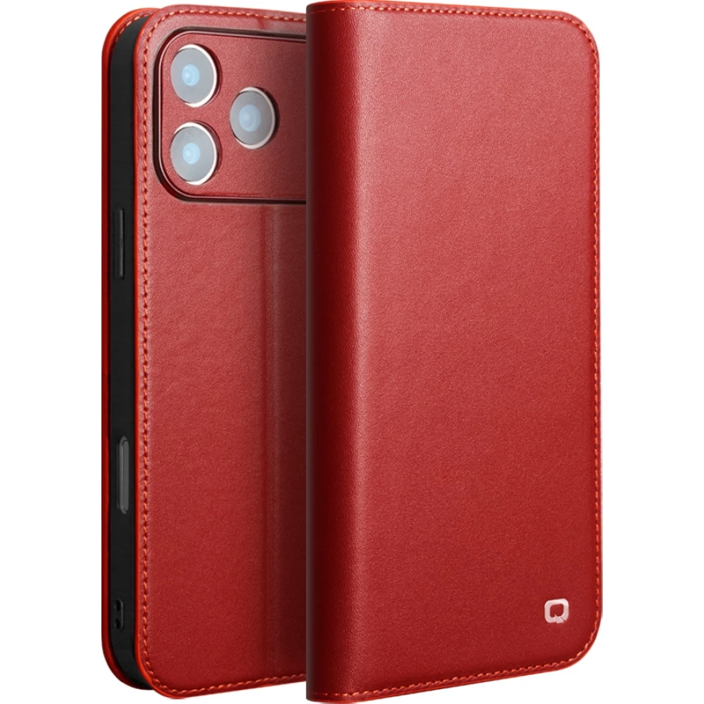 Fourre iPhone 17 Pro Max - Flip Qialino Matt Wallet cuir véritable - Rouge