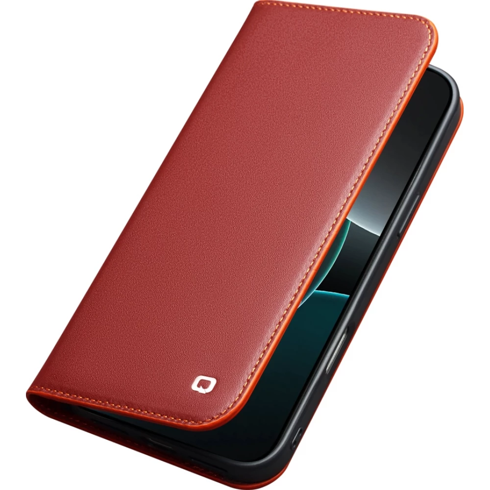 Fourre iPhone 17 Pro Max - Flip Qialino Matt Wallet cuir véritable - Rouge