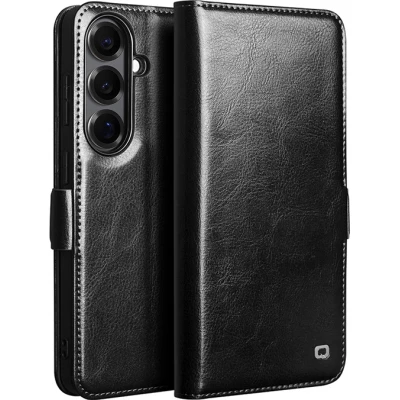 Samsung Galaxy S26 Case Hülle - Flip Qialino Echtleder mit magnetischem Verschluss - Schwarz