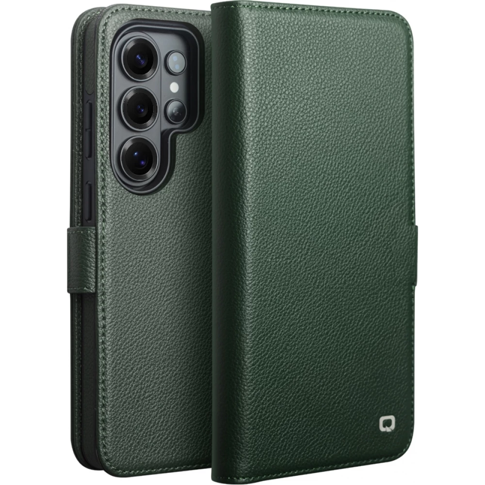 Fourre Samsung Galaxy S26 Ultra - Flip Qialino cuir véritable mat avec fermeture magnétique - Vert mat