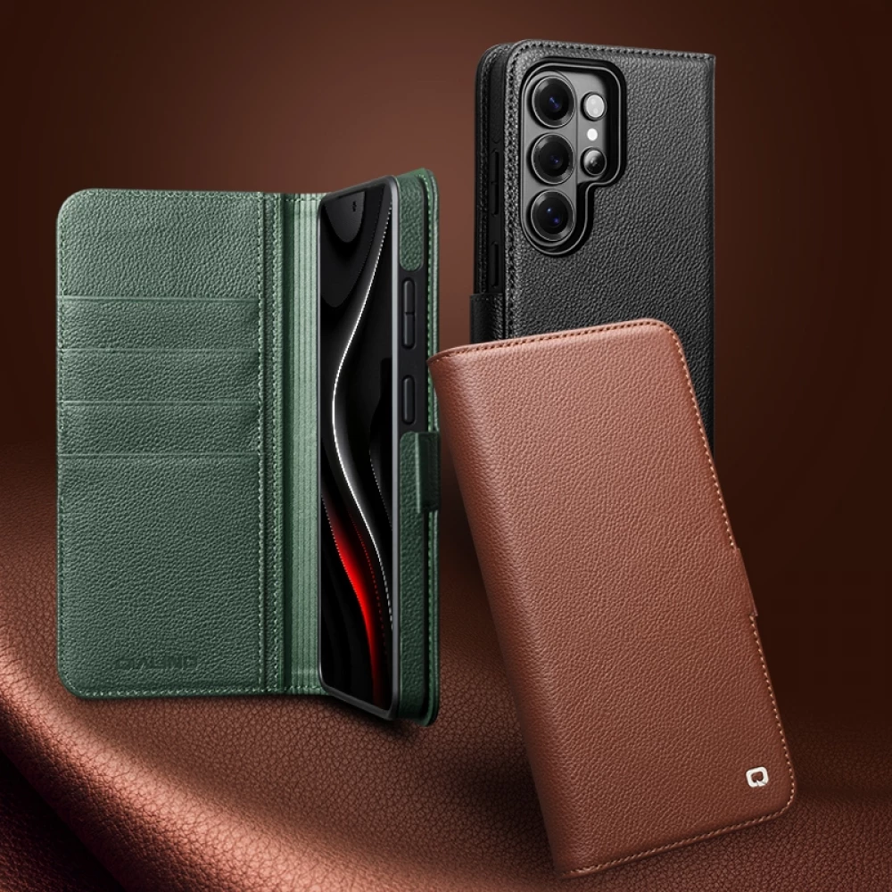 Fourre Samsung Galaxy S26 Ultra - Flip Qialino cuir véritable mat avec fermeture magnétique - Vert mat