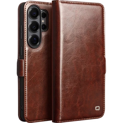 Samsung Galaxy S26 Ultra Case Hülle - Flip Qialino Echtleder mit magnetischem Verschluss - Braun