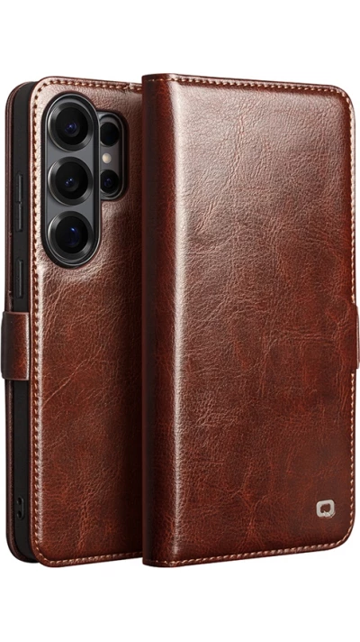 Samsung Galaxy S26 Ultra Case Hülle - Flip Qialino Echtleder mit magnetischem Verschluss - Braun