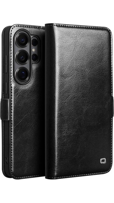 Samsung Galaxy S26 Ultra Case Hülle - Flip Qialino Echtleder mit magnetischem Verschluss - Schwarz