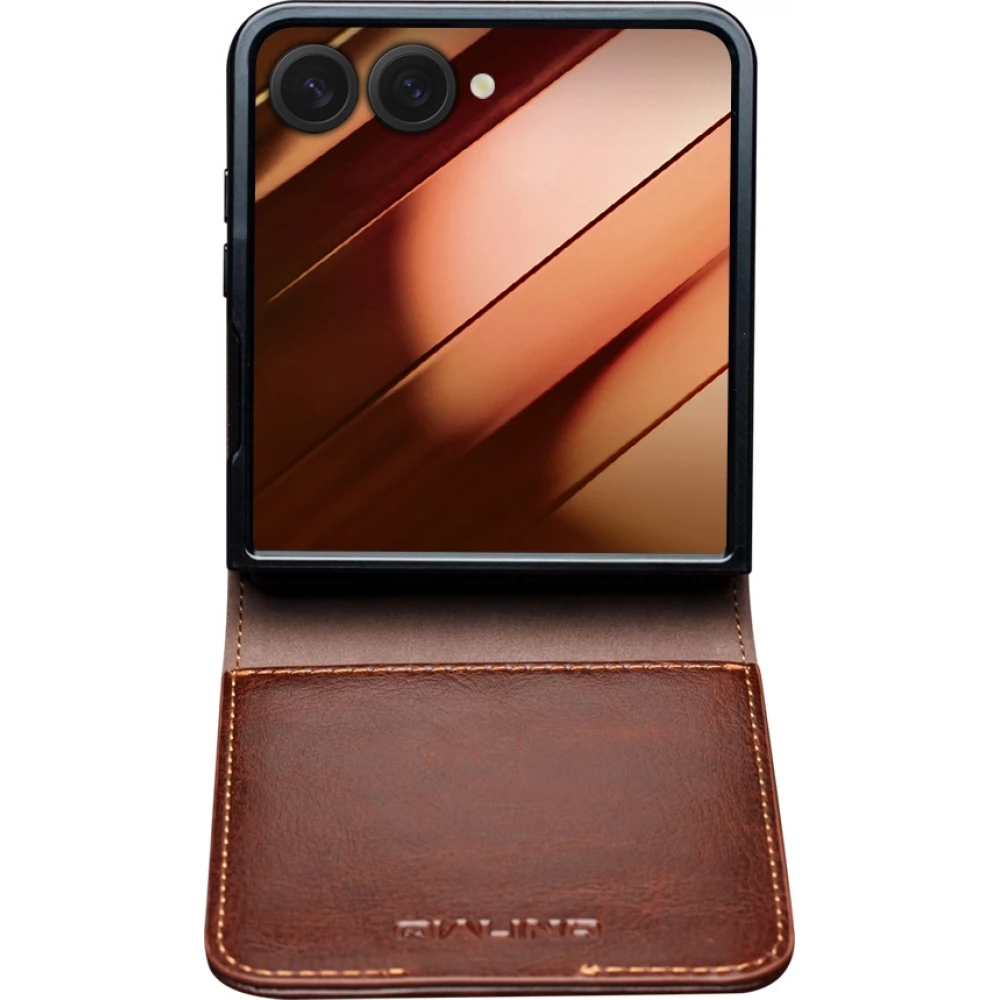 Samsung Galaxy Z Flip7 Case Hülle - Flip Qialino Echtleder mit magnetischem Verschluss - Dunkelbraun