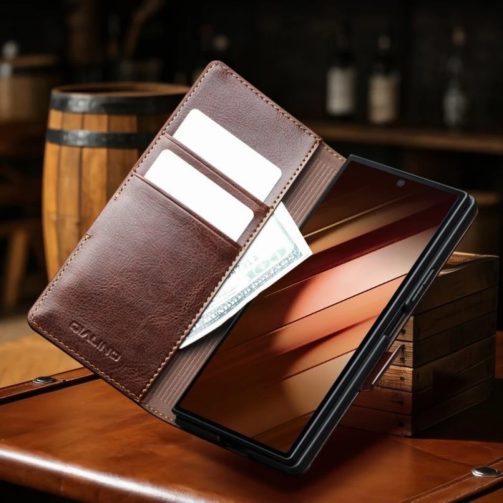 Fourre Samsung Galaxy Z Fold7 - Flip Qialino cuir véritable avec fermeture magnétique - Brun foncé