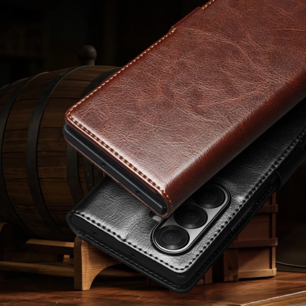 Fourre Samsung Galaxy Z Fold7 - Flip Qialino cuir véritable avec fermeture magnétique - Brun foncé