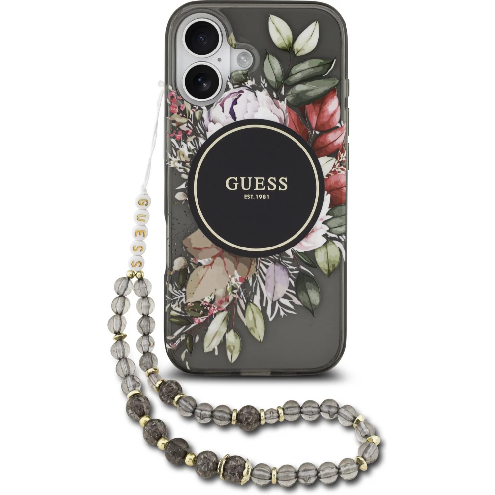 iPhone 17 Case H&uuml;lle - Guess IML Blumen mit Handgelenk-Kette, kompatibel mit MagSafe, elegante und trendige Schutzh&uuml;lle - Schwarz