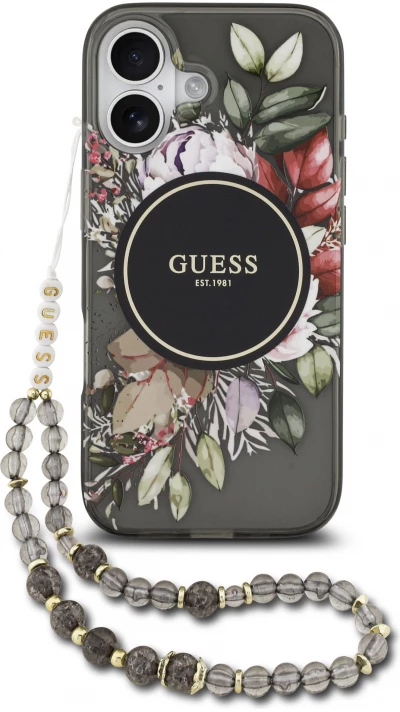 iPhone 17 Case H&uuml;lle - Guess IML Blumen mit Handgelenk-Kette, kompatibel mit MagSafe, elegante und trendige Schutzh&uuml;lle - Schwarz
