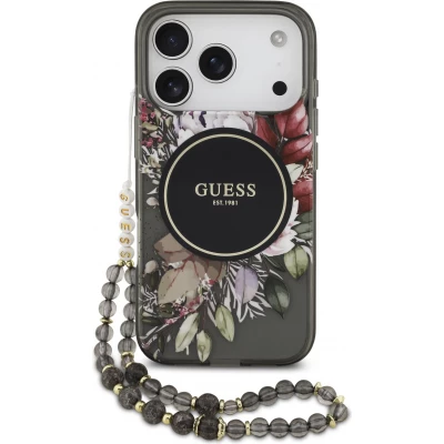 iPhone 17 Pro Case H&uuml;lle - Guess IML Blumen mit Handgelenk-Kette, kompatibel mit MagSafe, elegante und trendige Schutzh&uuml;lle - Schwarz