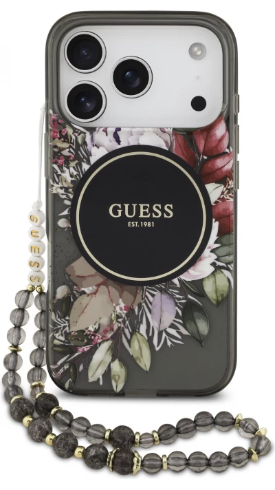 iPhone 17 Pro Case H&uuml;lle - Guess IML Blumen mit Handgelenk-Kette, kompatibel mit MagSafe, elegante und trendige Schutzh&uuml;lle - Schwarz