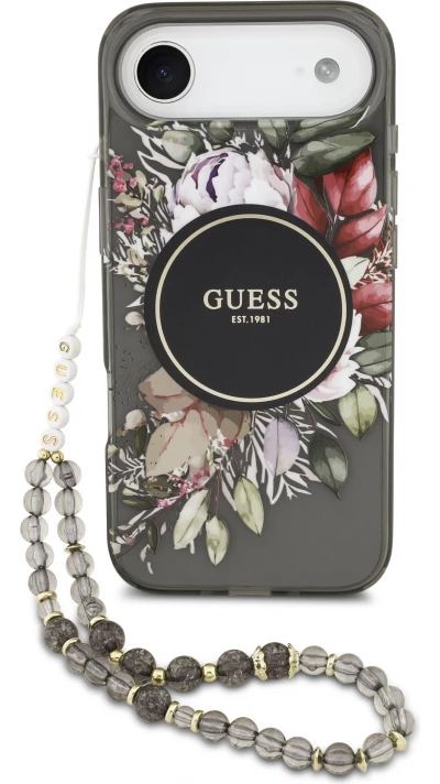 iPhone Air Case H&uuml;lle - Guess IML Blumen mit Handgelenk-Kette, kompatibel mit MagSafe elegante und trendige Schutzh&uuml;lle - Schwarz
