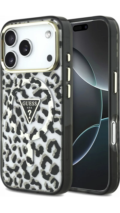 iPhone 18 Pro / 17 Pro Case H&uuml;lle - Guess IML Leopard Glitzer-Logo mit MagSafe - Schwarz