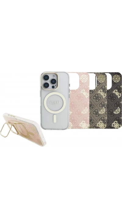 Coque iPhone 16 Pro - Guess magn&eacute;tique MagSafe avec plaques interchangeables (rose / brun / noir) et Camera Stand - Transparent