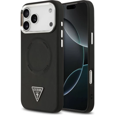 iPhone 17 Pro Max Case Hülle - Guess MagSafe PU-Leder mit Triangel-Logo und silbernem Kamerarahmen - Schwarz