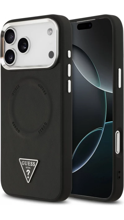iPhone 17 Pro Max Case Hülle - Guess MagSafe PU-Leder mit Triangel-Logo und silbernem Kamerarahmen - Schwarz