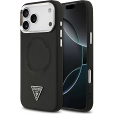Coque iPhone 17 Pro - Guess MagSafe cuir PU avec logo triangle et cadre cam&eacute;ra m&eacute;tal argent&eacute; - Noir