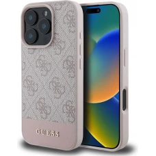 Coque iPhone 16 Pro - Guess pattern 4G avec logo 3D dor&eacute; - Rose