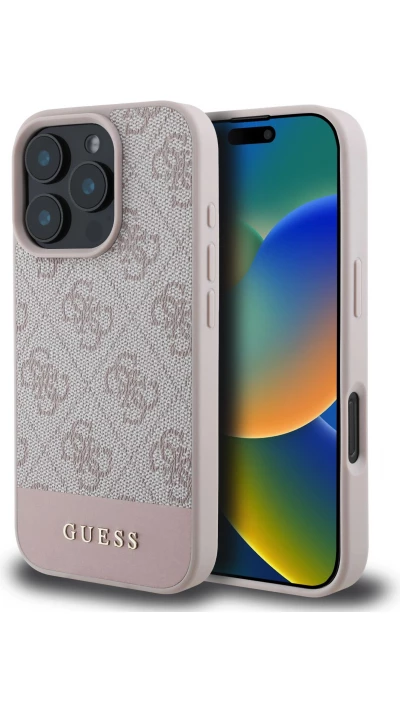 iPhone 16 Pro Case H&uuml;lle - Guess 4G Muster mit goldfarbenem 3D-Logo - Rosa