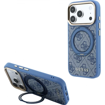 Coque iPhone 17 Pro - Guess PU 4G avec anneau support 360&deg; MagSafe et cadre m&eacute;tallique - Bleu