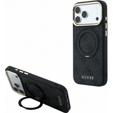 Coque iPhone 17 Pro - Guess PU 4G avec anneau support 360&deg; MagSafe et cadre m&eacute;tallique - Noir