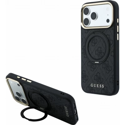 Coque iPhone 17 Pro - Guess PU 4G avec anneau support 360&deg; MagSafe et cadre m&eacute;tallique - Noir