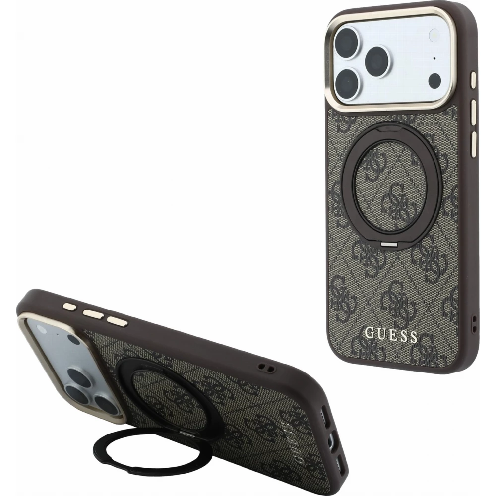 Coque iPhone 18 Pro Max / 17 Pro Max - Guess PU 4G avec anneau support 360° MagSafe et cadre métallique - Brun