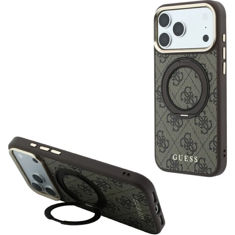 Coque iPhone 18 Pro / 17 Pro - Guess PU 4G avec anneau support 360&deg; MagSafe et cadre m&eacute;tallique - Brun