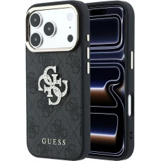 Coque iPhone 18 Pro Max / 17 Pro Max - Guess Strass logo m&eacute;tal en cuir synth&eacute;tique et cadre en m&eacute;tal - Noir