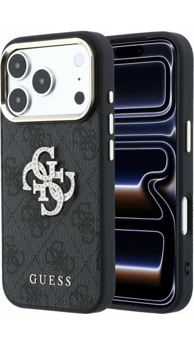 iPhone 18 Pro Max / 17 Pro Max Case H&uuml;lle - Guess Metall-Logo mit Strass aus Kunstleder und Metallrahmen - Schwarz