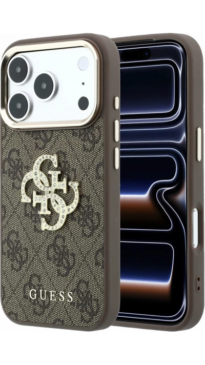 iPhone 18 Pro / 17 Pro Case H&uuml;lle - Guess Metall-Logo mit Strass aus Kunstleder und Metallrahmen - Braun