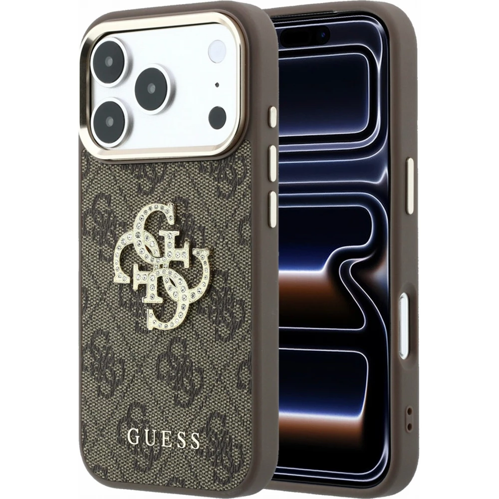 Coque iPhone 18 Pro Max / 17 Pro Max - Guess Strass logo m&eacute;tal en cuir synth&eacute;tique et cadre en m&eacute;tal - Brun