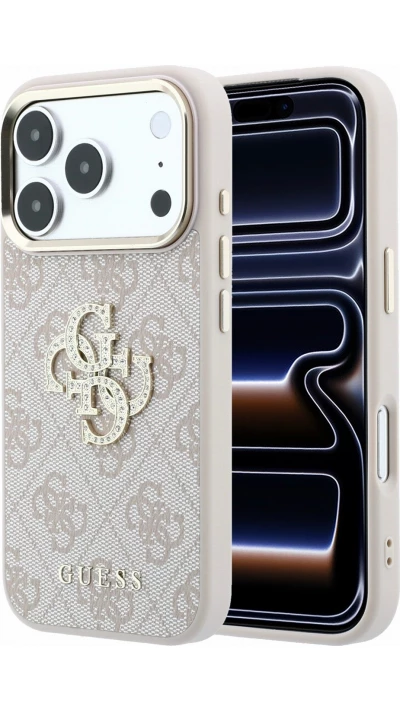 iPhone 18 Pro / 17 Pro Case H&uuml;lle - Guess Metall-Logo mit Strass aus Kunstleder und Metallrahmen - Rosa