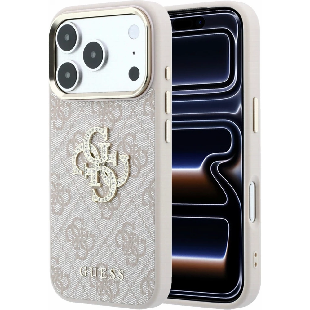 Coque iPhone 18 Pro Max / 17 Pro Max - Guess Strass logo m&eacute;tal en cuir synth&eacute;tique et cadre en m&eacute;tal - Rose