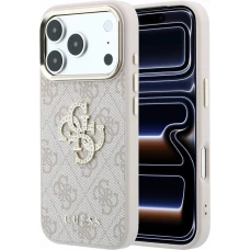 Coque iPhone 18 Pro Max / 17 Pro Max - Guess Strass logo m&eacute;tal en cuir synth&eacute;tique et cadre en m&eacute;tal - Rose
