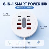 Hub de charge rapide USB-C 66W rond 8 en 1 &ndash; 4 ports USB-C PD + 4 ports USB-A adaptateur multiport USB - Blanc