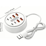 Hub de charge rapide USB-C 66W rond 8 en 1 &ndash; 4 ports USB-C PD + 4 ports USB-A adaptateur multiport USB - Blanc