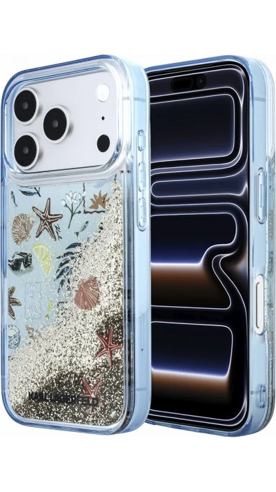 iPhone 18 Pro Max / 17 Pro Max Case H&uuml;lle - Karl Lagerfeld Liquid Glitter Beach and Sand mit Fl&uuml;ssigglitzer im Strand- und Sand-Design - Blau
